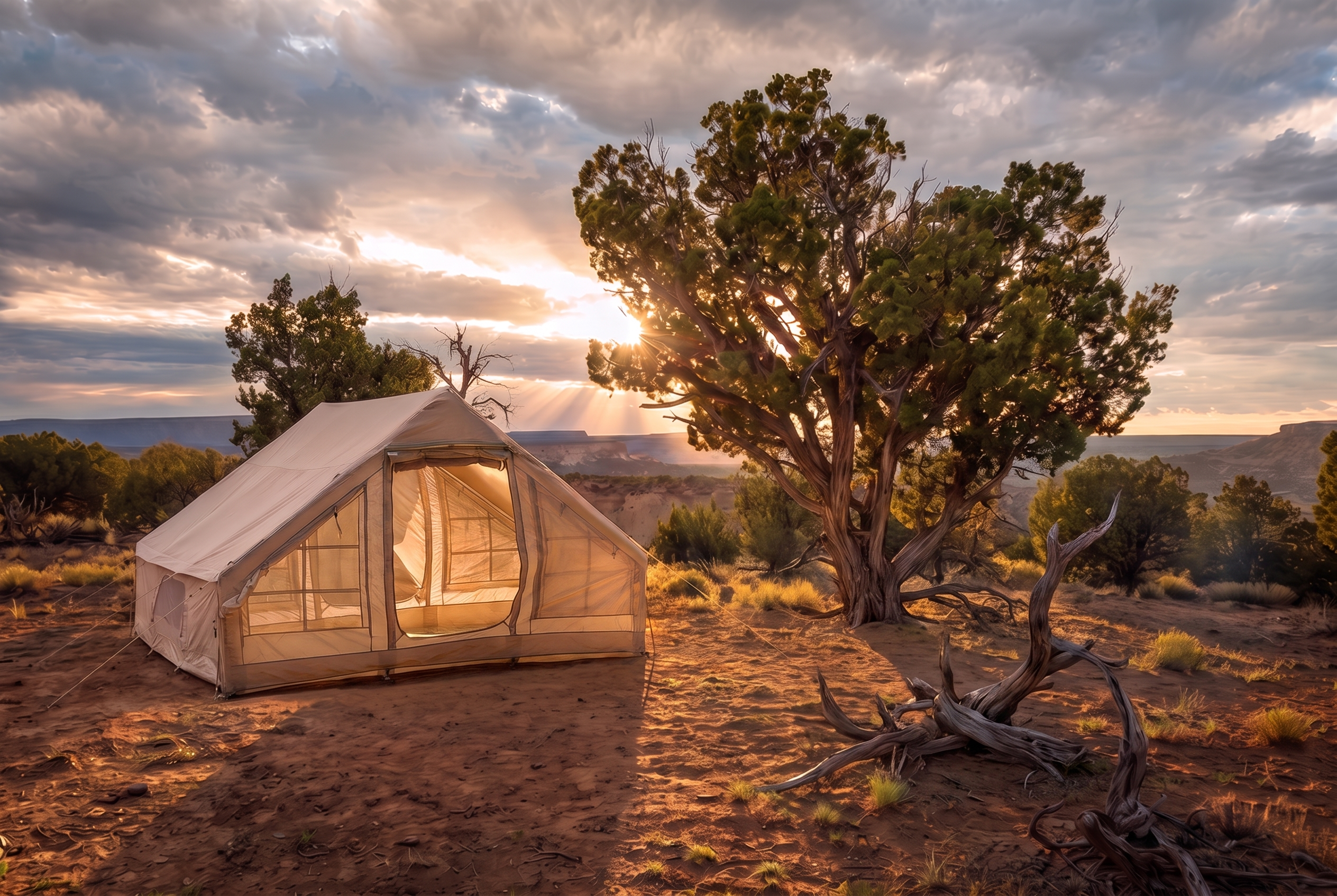 Pre-pitched basic tent — static view